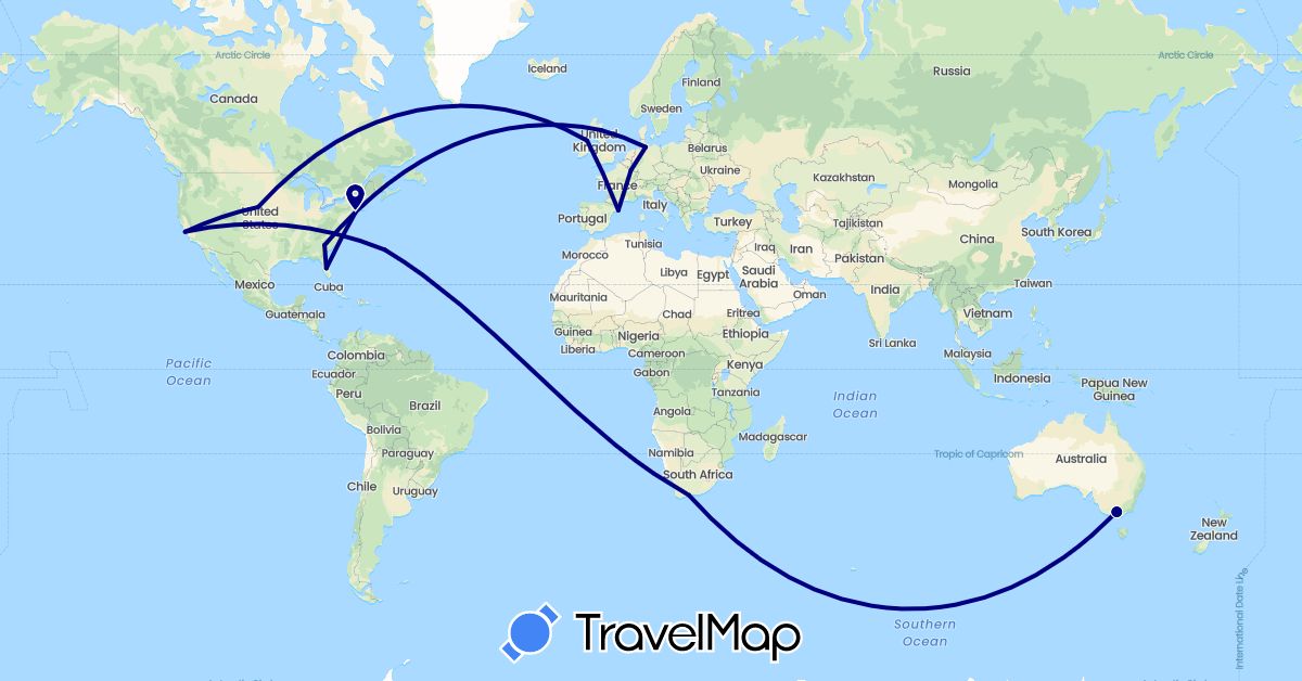 TravelMap itinerary: driving in Australia, Bermuda, Germany, Spain, France, United Kingdom, United States, South Africa (Africa, Europe, North America, Oceania)